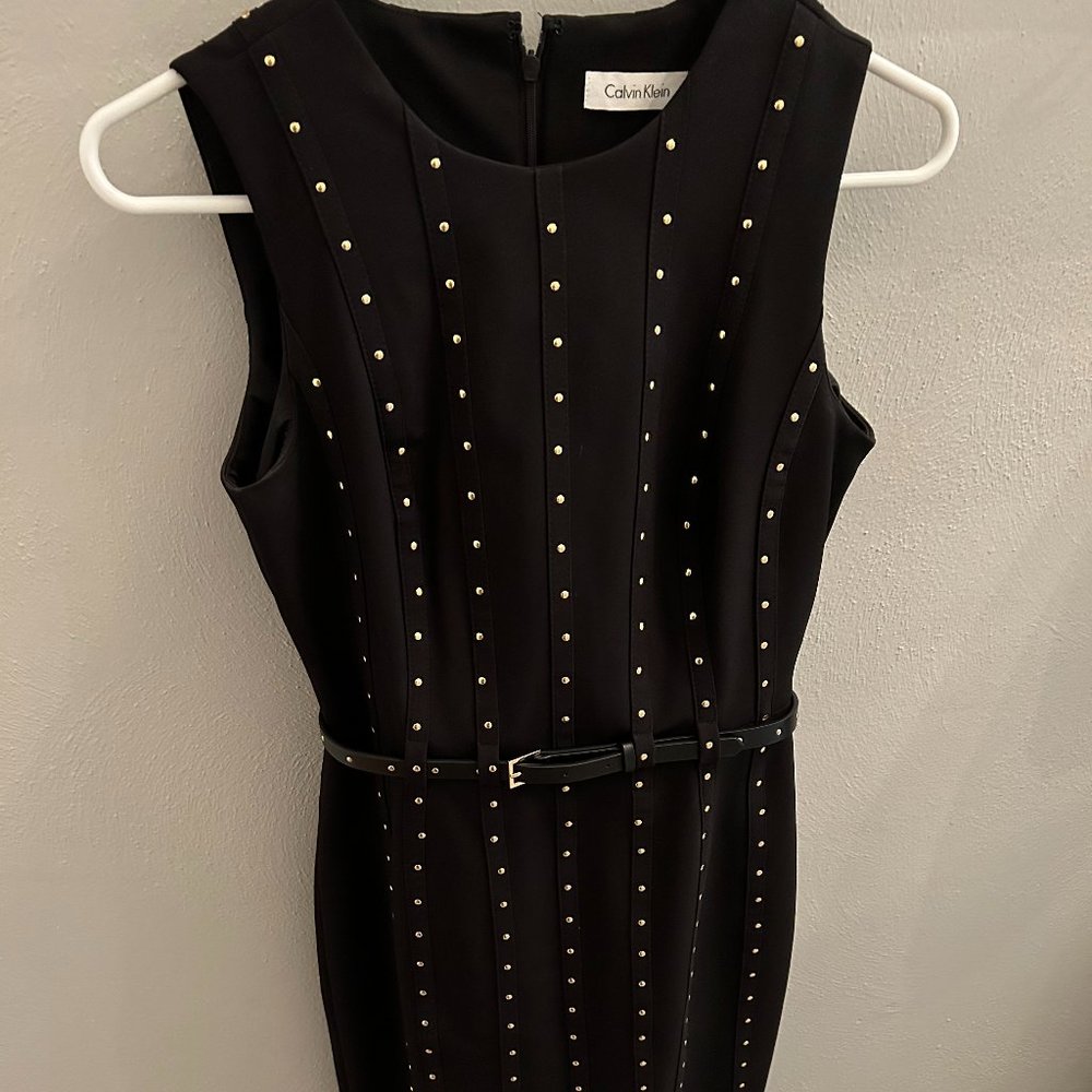Calvin Klein black with gold studs' belted nylon/spandex sleeveless dress size 2